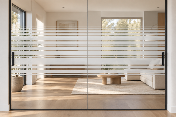 Raumvisualisierung einer Glastür mit horizontaler Milchglasfolie im hellen Wohnbereich