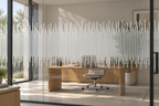 Illustrative Raumvisualisierung: Milchglasfolie mit vertikalem Linienmotiv an einer Glastrennwand im Homeoffice