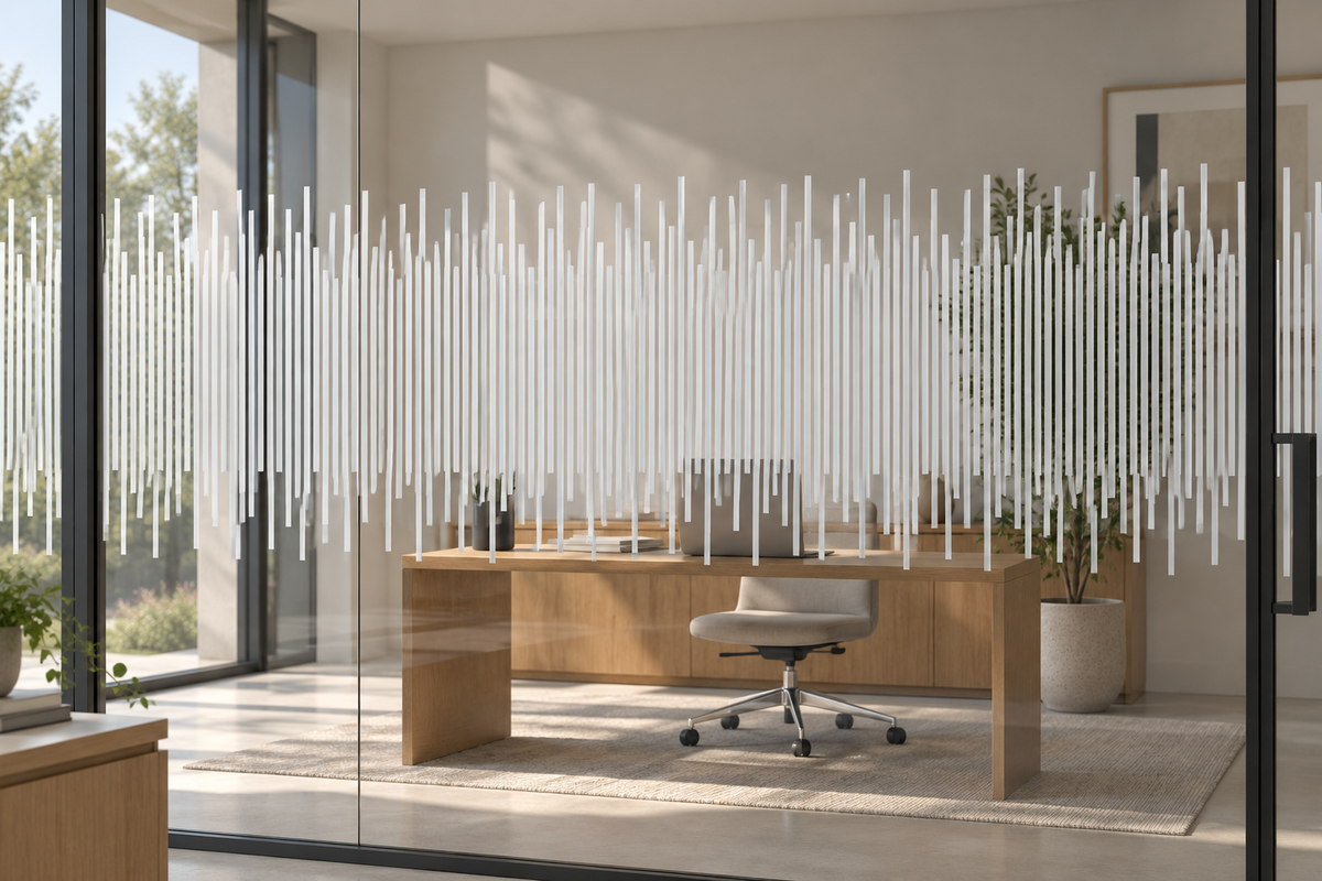 Illustrative Raumvisualisierung: Milchglasfolie mit vertikalem Linienmotiv an einer Glastrennwand im Homeoffice